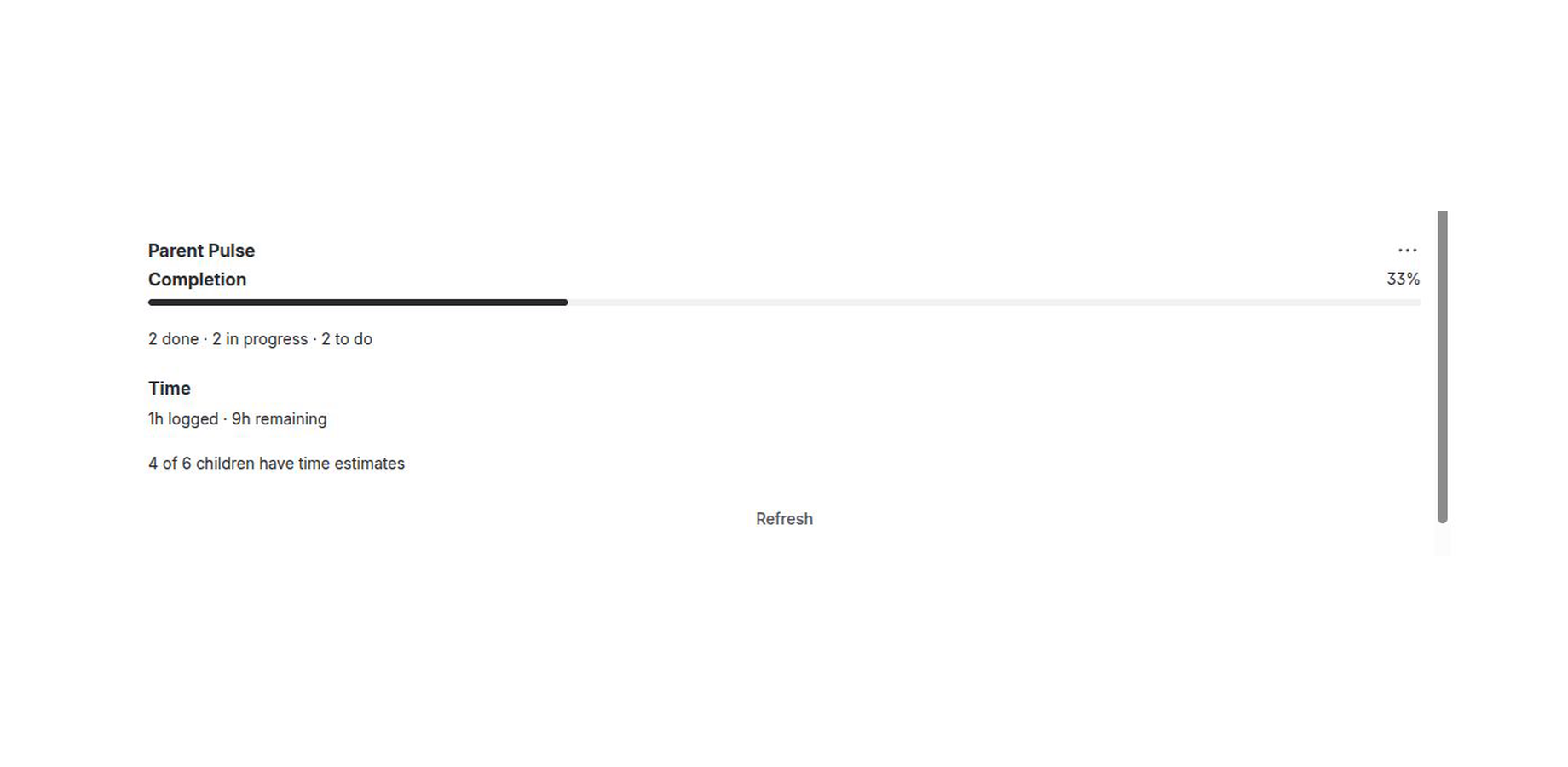 Parent Pulse showing 33 percent completion and child status totals in Jira