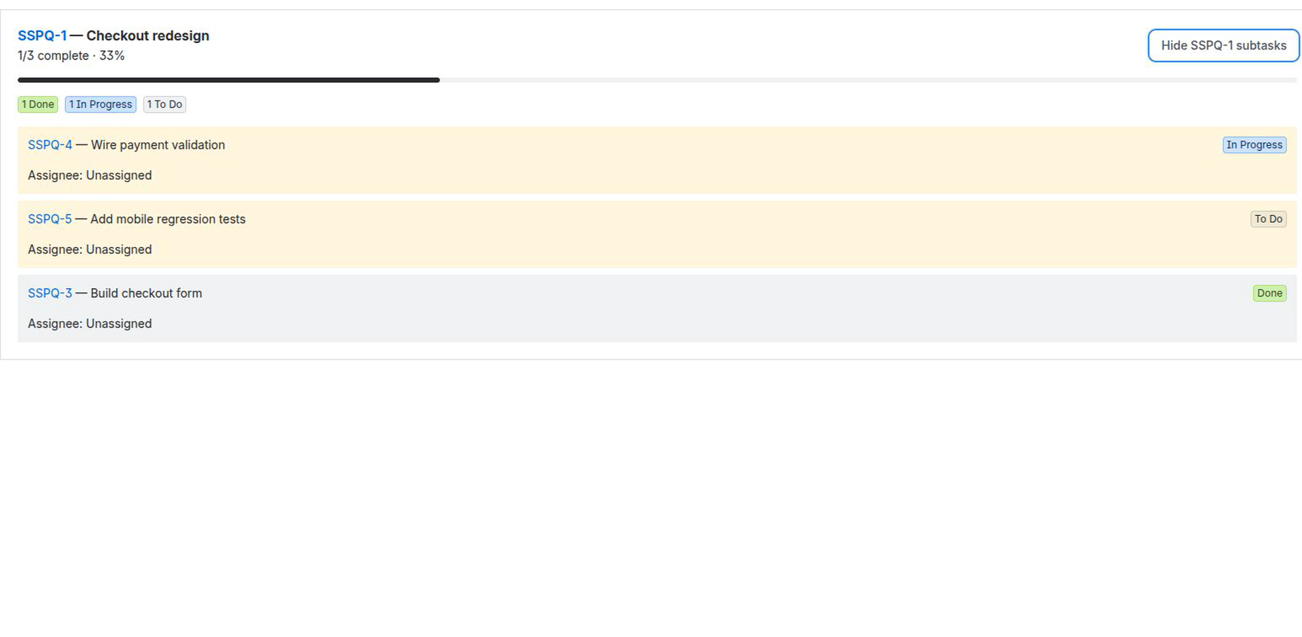 Expanded Jira parent showing three subtasks with assignees and statuses