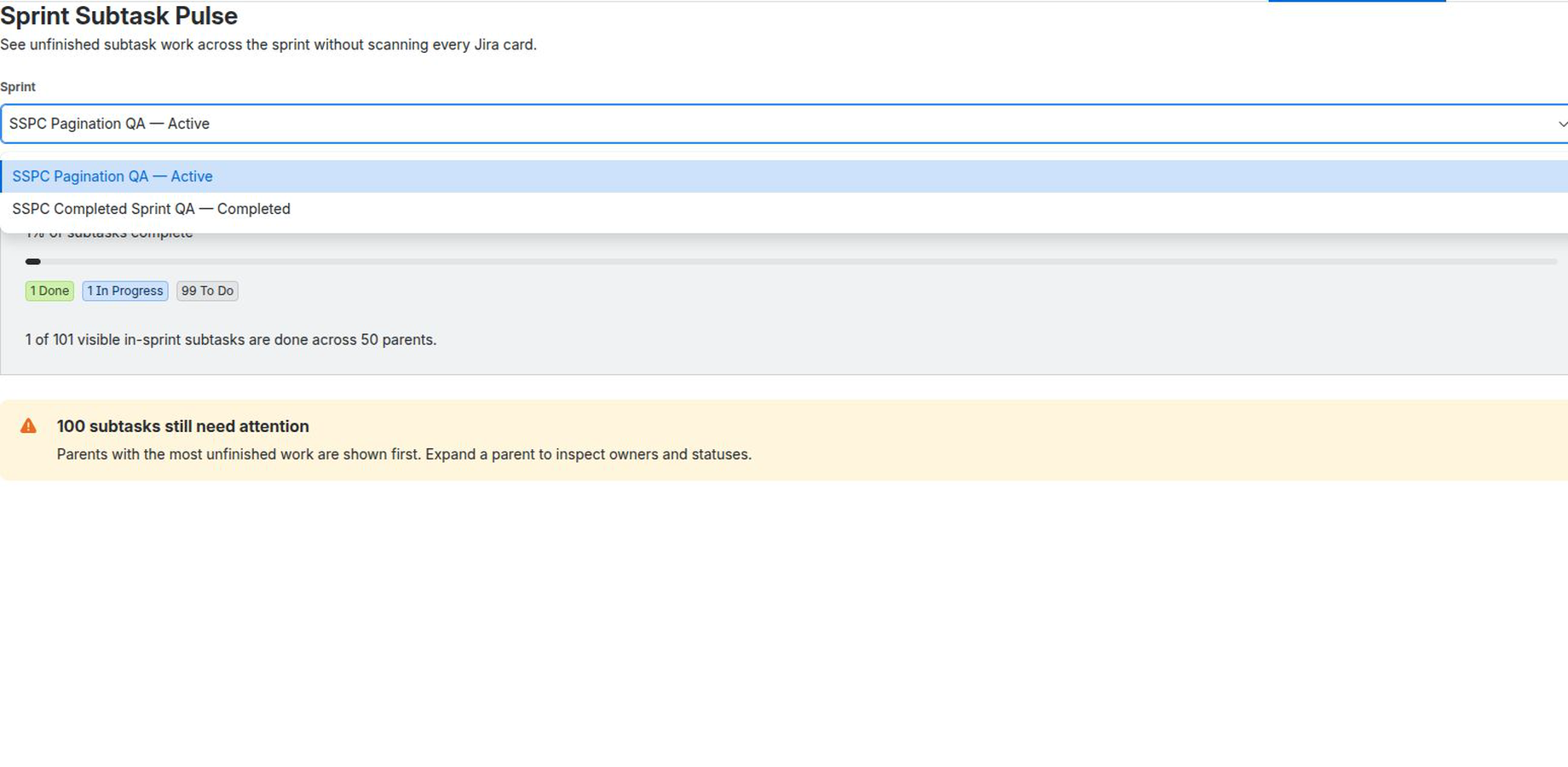 Sprint selector offering active and completed Jira sprints